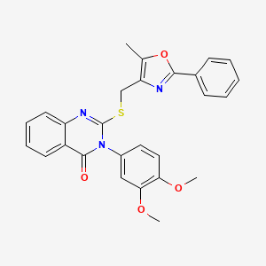 molecular formula C27H23N3O4S B2669763 3-(3,4-dimethoxyphenyl)-2-(((5-methyl-2-phenyloxazol-4-yl)methyl)thio)quinazolin-4(3H)-one CAS No. 937993-35-6
