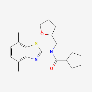 molecular formula C20H26N2O2S B2669771 N-(4,7-dimethylbenzo[d]thiazol-2-yl)-N-((tetrahydrofuran-2-yl)methyl)cyclopentanecarboxamide CAS No. 1105216-75-8
