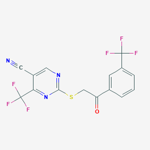 molecular formula C15H7F6N3OS B2669777 2-({2-Oxo-2-[3-(trifluoromethyl)phenyl]ethyl}sulfanyl)-4-(trifluoromethyl)-5-pyrimidinecarbonitrile CAS No. 400077-06-7
