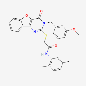 molecular formula C28H25N3O4S B2669848 N-(2,5-dimethylphenyl)-2-{[3-(3-methoxybenzyl)-4-oxo-3,4-dihydro[1]benzofuro[3,2-d]pyrimidin-2-yl]sulfanyl}acetamide CAS No. 899754-52-0