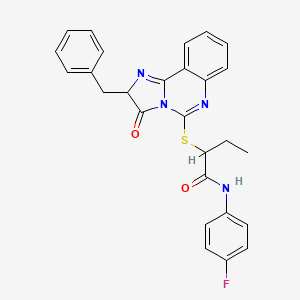 molecular formula C27H23FN4O2S B2669892 2-((2-benzyl-3-oxo-2,3-dihydroimidazo[1,2-c]quinazolin-5-yl)thio)-N-(4-fluorophenyl)butanamide CAS No. 1052666-07-5