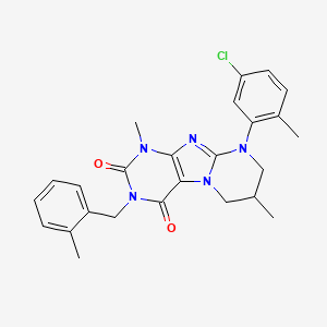 molecular formula C25H26ClN5O2 B2669918 9-(5-chloro-2-methylphenyl)-1,7-dimethyl-3-(2-methylbenzyl)-6,7,8,9-tetrahydropyrimido[2,1-f]purine-2,4(1H,3H)-dione CAS No. 877617-37-3