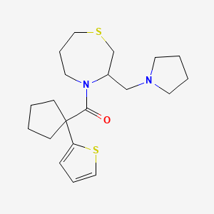 molecular formula C20H30N2OS2 B2669965 (3-(Pyrrolidin-1-ylmethyl)-1,4-thiazepan-4-yl)(1-(thiophen-2-yl)cyclopentyl)methanone CAS No. 1421494-64-5