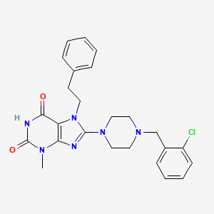 molecular formula C25H27ClN6O2 B2670019 8-(4-(2-chlorobenzyl)piperazin-1-yl)-3-methyl-7-phenethyl-1H-purine-2,6(3H,7H)-dione CAS No. 886910-40-3
