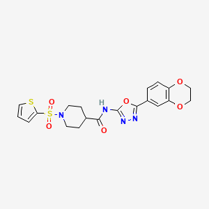 molecular formula C20H20N4O6S2 B2670022 N-(5-(2,3-dihydrobenzo[b][1,4]dioxin-6-yl)-1,3,4-oxadiazol-2-yl)-1-(thiophen-2-ylsulfonyl)piperidine-4-carboxamide CAS No. 899732-15-1