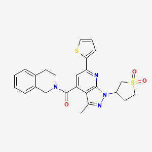 molecular formula C25H24N4O3S2 B2670062 (3,4-dihydroisoquinolin-2(1H)-yl)(1-(1,1-dioxidotetrahydrothiophen-3-yl)-3-methyl-6-(thiophen-2-yl)-1H-pyrazolo[3,4-b]pyridin-4-yl)methanone CAS No. 1021119-51-6