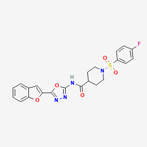 molecular formula C22H19FN4O5S B2670075 N-(5-(benzofuran-2-yl)-1,3,4-oxadiazol-2-yl)-1-((4-fluorophenyl)sulfonyl)piperidine-4-carboxamide CAS No. 922100-13-8