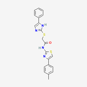 molecular formula C21H18N4OS2 B2670087 N-[4-(4-methylphenyl)-1,3-thiazol-2-yl]-2-[(5-phenyl-1H-imidazol-2-yl)sulfanyl]acetamide CAS No. 352563-64-5