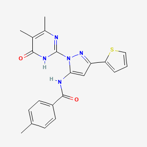 molecular formula C21H19N5O2S B2670091 N-(1-(4,5-二甲基-6-氧代-1,6-二氢嘧啶-2-基)-3-(噻吩-2-基)-1H-吡唑-5-基)-4-甲基苯甲酰胺 CAS No. 1171015-82-9