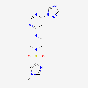 molecular formula C14H17N9O2S B2670135 4-(4-((1-甲基-1H-咪唑-4-基)磺酰基)哌嗪-1-基)-6-(1H-1,2,4-噻唑-1-基)嘧啶 CAS No. 1788678-80-7