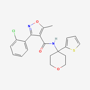 molecular formula C20H19ClN2O3S B2670140 3-(2-chlorophenyl)-5-methyl-N-(4-(thiophen-2-yl)tetrahydro-2H-pyran-4-yl)isoxazole-4-carboxamide CAS No. 2034537-83-0