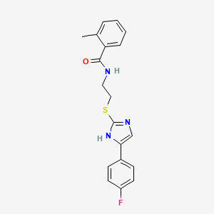 molecular formula C19H18FN3OS B2670142 N-(2-((5-(4-fluorophenyl)-1H-imidazol-2-yl)thio)ethyl)-2-methylbenzamide CAS No. 897455-49-1