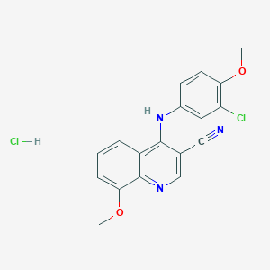 molecular formula C18H15Cl2N3O2 B2670173 4-((3-Chloro-4-methoxyphenyl)amino)-8-methoxyquinoline-3-carbonitrile hydrochloride CAS No. 1331305-07-7