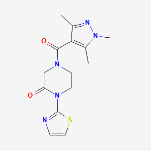 molecular formula C14H17N5O2S B2670245 1-(thiazol-2-yl)-4-(1,3,5-trimethyl-1H-pyrazole-4-carbonyl)piperazin-2-one CAS No. 2310100-53-7