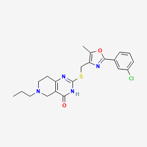 molecular formula C21H23ClN4O2S B2670364 2-(((2-(3-chlorophenyl)-5-methyloxazol-4-yl)methyl)thio)-6-propyl-5,6,7,8-tetrahydropyrido[4,3-d]pyrimidin-4(3H)-one CAS No. 1113122-38-5