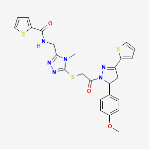molecular formula C25H24N6O3S3 B2670381 N-((5-((2-(5-(4-methoxyphenyl)-3-(thiophen-2-yl)-4,5-dihydro-1H-pyrazol-1-yl)-2-oxoethyl)thio)-4-methyl-4H-1,2,4-triazol-3-yl)methyl)thiophene-2-carboxamide CAS No. 362509-30-6
