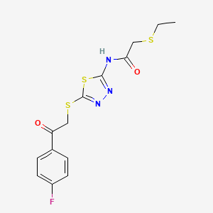 molecular formula C14H14FN3O2S3 B2670393 2-Ethylsulfanyl-N-[5-[2-(4-fluorophenyl)-2-oxoethyl]sulfanyl-1,3,4-thiadiazol-2-yl]acetamide CAS No. 2241139-08-0