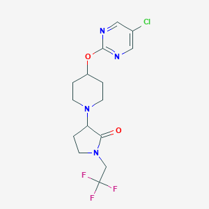 molecular formula C15H18ClF3N4O2 B2670407 3-[4-(5-Chloropyrimidin-2-yl)oxypiperidin-1-yl]-1-(2,2,2-trifluoroethyl)pyrrolidin-2-one CAS No. 2415452-87-6