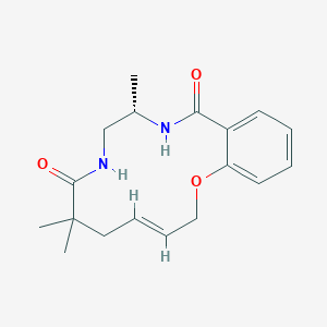molecular formula C18H24N2O3 B2670439 (4E,11S)-7,7,11-Trimethyl-2-oxa-9,12-diazabicyclo[12.4.0]octadeca-1(18),4,14,16-tetraene-8,13-dione CAS No. 2253619-78-0
