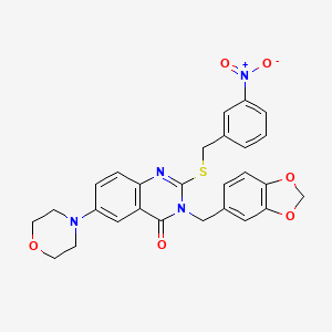 molecular formula C27H24N4O6S B2670545 3-(1,3-Benzodioxol-5-ylmethyl)-6-morpholin-4-yl-2-[(3-nitrophenyl)methylsulfanyl]quinazolin-4-one CAS No. 689772-34-7