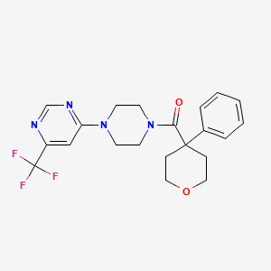 molecular formula C21H23F3N4O2 B2670594 (4-phenyltetrahydro-2H-pyran-4-yl)(4-(6-(trifluoromethyl)pyrimidin-4-yl)piperazin-1-yl)methanone CAS No. 2034440-34-9