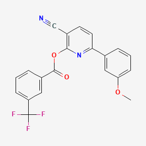 molecular formula C21H13F3N2O3 B2670607 3-Cyano-6-(3-methoxyphenyl)-2-pyridinyl 3-(trifluoromethyl)benzenecarboxylate CAS No. 303152-24-1