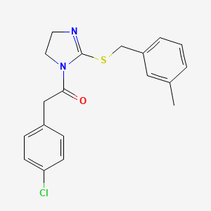 molecular formula C19H19ClN2OS B2670658 2-(4-Chlorophenyl)-1-[2-[(3-methylphenyl)methylsulfanyl]-4,5-dihydroimidazol-1-yl]ethanone CAS No. 851803-68-4