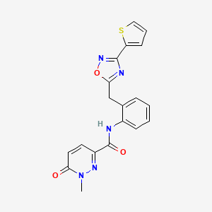 molecular formula C19H15N5O3S B2670668 1-methyl-6-oxo-N-(2-((3-(thiophen-2-yl)-1,2,4-oxadiazol-5-yl)methyl)phenyl)-1,6-dihydropyridazine-3-carboxamide CAS No. 1797076-79-9
