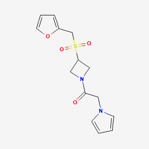 molecular formula C14H16N2O4S B2670676 1-(3-((furan-2-ylmethyl)sulfonyl)azetidin-1-yl)-2-(1H-pyrrol-1-yl)ethanone CAS No. 1797178-46-1