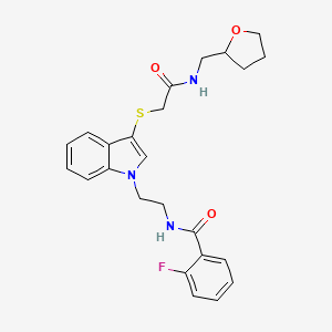 molecular formula C24H26FN3O3S B2670692 2-氟-N-(2-(3-((2-氧代-2-(((四氢呋喃-2-基)甲基)氨基)乙基)硫代)-1H-吲哚-1-基)乙基)苯甲酰胺 CAS No. 851714-70-0