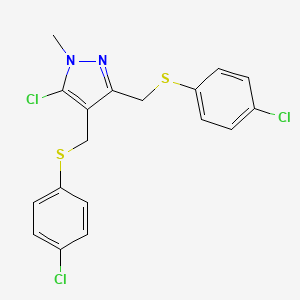 molecular formula C18H15Cl3N2S2 B2670693 5-chloro-3,4-bis{[(4-chlorophenyl)sulfanyl]methyl}-1-methyl-1H-pyrazole CAS No. 318234-29-6