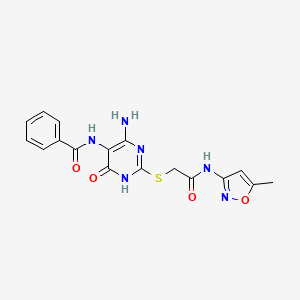 molecular formula C17H16N6O4S B2670710 N-(4-amino-2-((2-((5-methylisoxazol-3-yl)amino)-2-oxoethyl)thio)-6-oxo-1,6-dihydropyrimidin-5-yl)benzamide CAS No. 888414-32-2