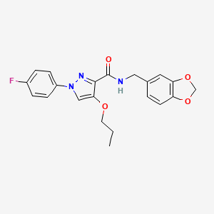 molecular formula C21H20FN3O4 B2670722 N-(benzo[d][1,3]dioxol-5-ylmethyl)-1-(4-fluorophenyl)-4-propoxy-1H-pyrazole-3-carboxamide CAS No. 1170103-07-7