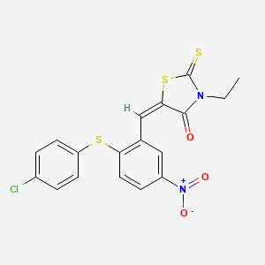 molecular formula C18H13ClN2O3S3 B2670892 (5E)-5-[[2-(4-chlorophenyl)sulfanyl-5-nitrophenyl]methylidene]-3-ethyl-2-sulfanylidene-1,3-thiazolidin-4-one CAS No. 301193-99-7