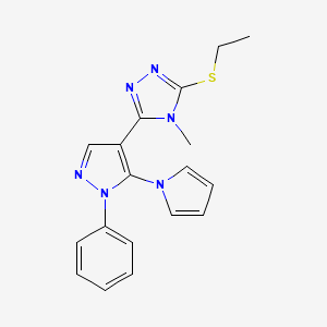 molecular formula C18H18N6S B2670900 ethyl 4-methyl-5-[1-phenyl-5-(1H-pyrrol-1-yl)-1H-pyrazol-4-yl]-4H-1,2,4-triazol-3-yl sulfide CAS No. 477709-36-7