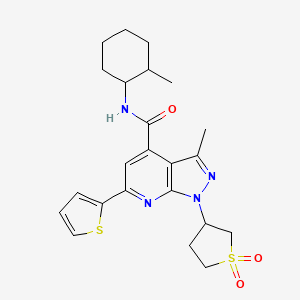 molecular formula C23H28N4O3S2 B2670952 1-(1,1-dioxidotetrahydrothiophen-3-yl)-3-methyl-N-(2-methylcyclohexyl)-6-(thiophen-2-yl)-1H-pyrazolo[3,4-b]pyridine-4-carboxamide CAS No. 1212104-10-3