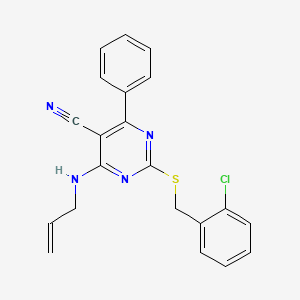 molecular formula C21H17ClN4S B2671114 4-(烯丙基氨基)-2-[(2-氯苄基)硫代]-6-苯基-5-嘧啶基碳腈 CAS No. 303985-72-0
