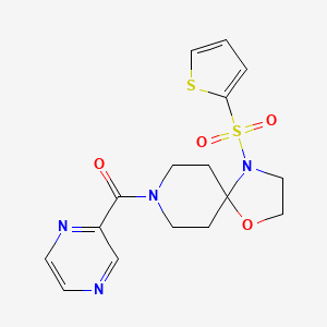 molecular formula C16H18N4O4S2 B2671127 Pyrazin-2-yl(4-(thiophen-2-ylsulfonyl)-1-oxa-4,8-diazaspiro[4.5]decan-8-yl)methanone CAS No. 1211321-92-4