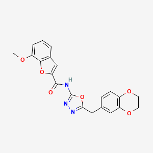 molecular formula C21H17N3O6 B2671189 N-(5-((2,3-dihydrobenzo[b][1,4]dioxin-6-yl)methyl)-1,3,4-oxadiazol-2-yl)-7-methoxybenzofuran-2-carboxamide CAS No. 922125-00-6