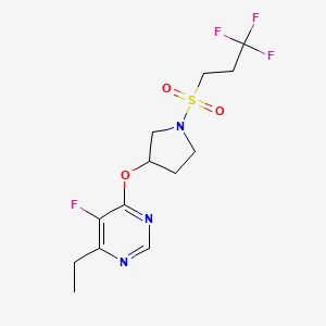 molecular formula C13H17F4N3O3S B2671200 4-乙基-5-氟-6-((1-((3,3,3-三氟丙基)磺酰)吡咯啉-3-基)氧基)嘧啶 CAS No. 2034363-47-6