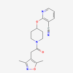 molecular formula C18H20N4O3 B2671221 2-((1-(2-(3,5-二甲基异噁唑-4-基)乙酰)哌啶-4-基)氧基)烟酸腈 CAS No. 1797550-01-6