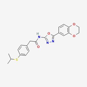 molecular formula C21H21N3O4S B2671240 N-(5-(2,3-dihydrobenzo[b][1,4]dioxin-6-yl)-1,3,4-oxadiazol-2-yl)-2-(4-(isopropylthio)phenyl)acetamide CAS No. 955520-42-0