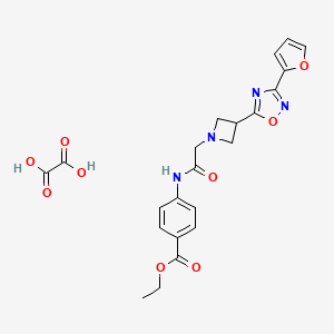molecular formula C22H22N4O9 B2671248 Ethyl 4-(2-(3-(3-(furan-2-yl)-1,2,4-oxadiazol-5-yl)azetidin-1-yl)acetamido)benzoate oxalate CAS No. 1428358-88-6
