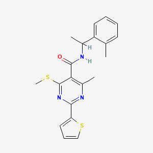 molecular formula C20H21N3OS2 B2671279 4-methyl-N-[1-(2-methylphenyl)ethyl]-6-(methylsulfanyl)-2-(thiophen-2-yl)pyrimidine-5-carboxamide CAS No. 1030761-81-9