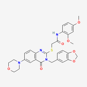 molecular formula C30H30N4O7S B2671281 2-[3-(1,3-苯并二氧杂环[5.1.0]辛-5-基甲基)-6-吗啉-4-基-4-酮喹唑啉-2-基]硫基-N-(2,4-二甲氧基苯基)乙酰胺 CAS No. 689772-55-2