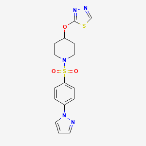 molecular formula C16H17N5O3S2 B2671284 2-((1-((4-(1H-pyrazol-1-yl)phenyl)sulfonyl)piperidin-4-yl)oxy)-1,3,4-thiadiazole CAS No. 2319832-65-8