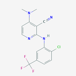 molecular formula C15H12ClF3N4 B2671322 2-(2-氯-5-(三氟甲基)苯氨基)-4-(二甲基氨基)烟酰氰 CAS No. 339102-81-7
