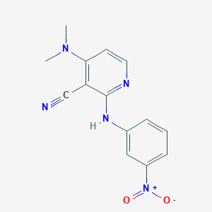 molecular formula C14H13N5O2 B2671324 4-(二甲基氨基)-2-(3-硝基苯胺基)烟酰氰 CAS No. 339102-79-3