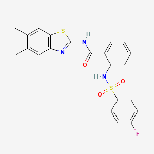 molecular formula C22H18FN3O3S2 B2671328 N-(5,6-二甲基苯并噻唑-2-基)-2-(4-氟苯基磺酰氨基)苯甲酰胺 CAS No. 886931-17-5