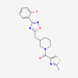 molecular formula C19H19FN4O2S B2671366 (3-((3-(2-氟苯基)-1,2,4-噁二唑-5-基)甲基)哌啶-1-基)(2-甲基噻唑-4-基)甲酮 CAS No. 1706315-95-8
